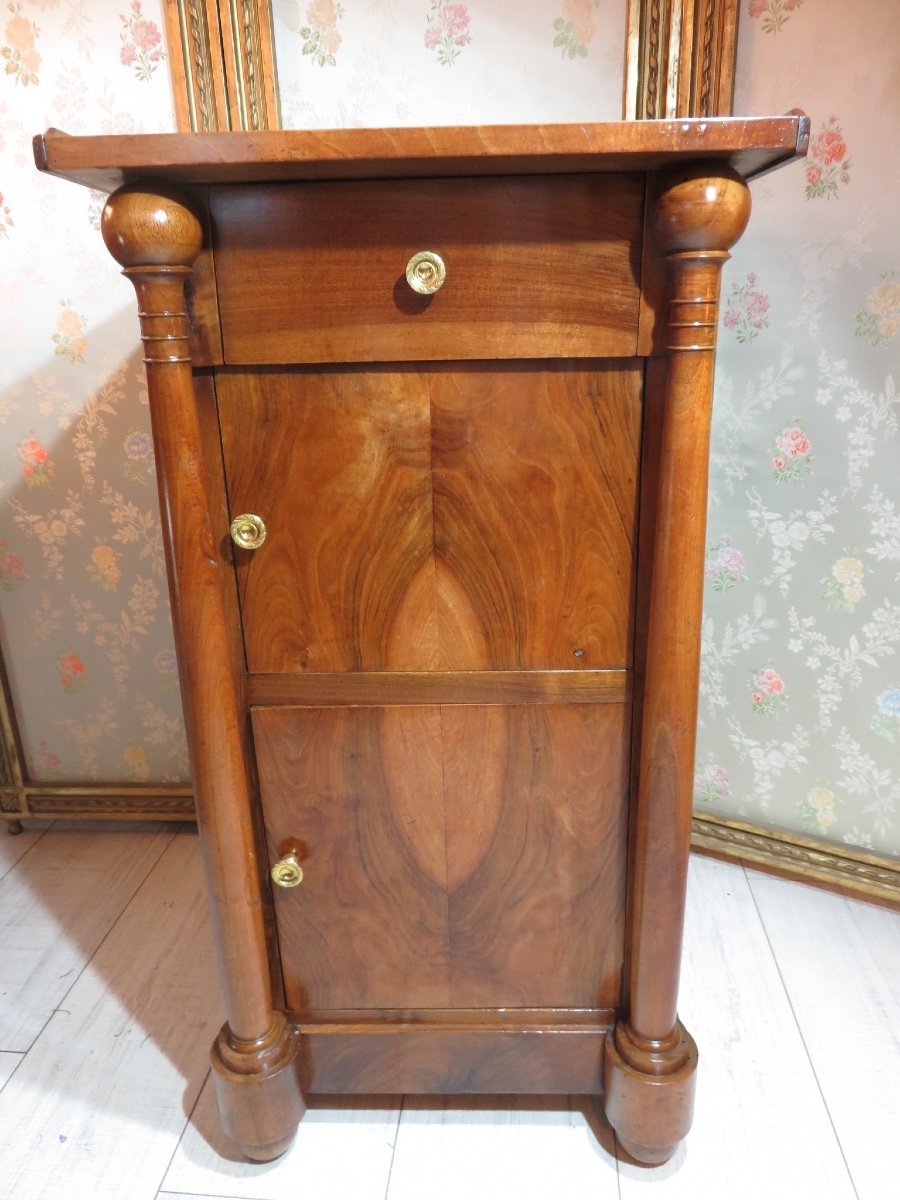 Empire Period Bedside Table Or Side Table, With Detached Columns, Two Doors, In Walnut -photo-4