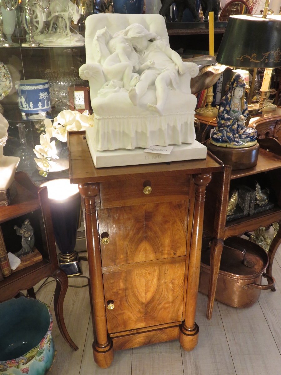 Empire Period Bedside Table Or Side Table, With Detached Columns, Two Doors, In Walnut -photo-7