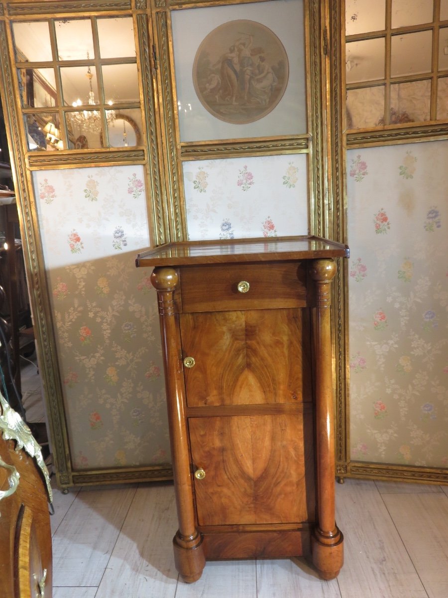 Empire Period Bedside Table Or Side Table, With Detached Columns, Two Doors, In Walnut 