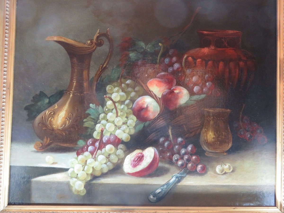 Still Life With Fruit, Framed, Oil On Canvas, Early 20th Century-photo-2