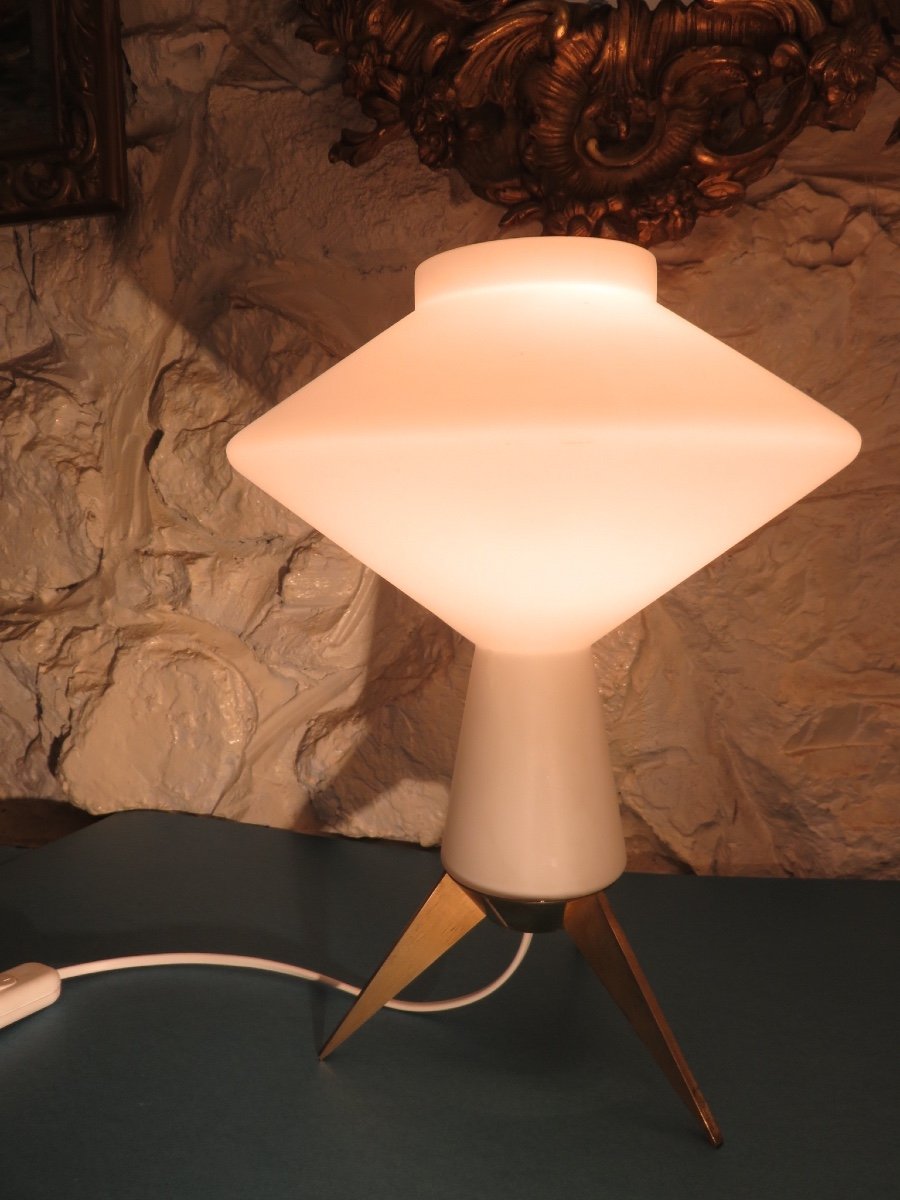 White Opaline Lamp, Brass Tripod Base, From The 1970s-photo-2