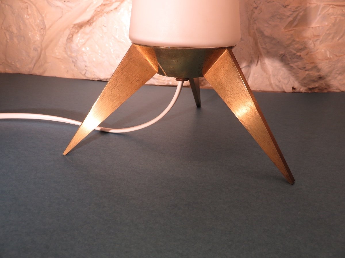 White Opaline Lamp, Brass Tripod Base, From The 1970s-photo-3