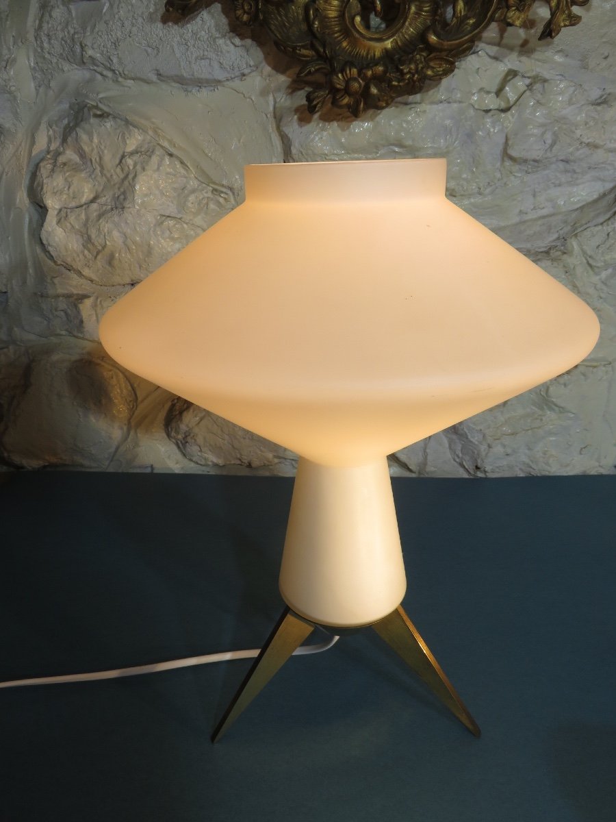 White Opaline Lamp, Brass Tripod Base, From The 1970s-photo-4