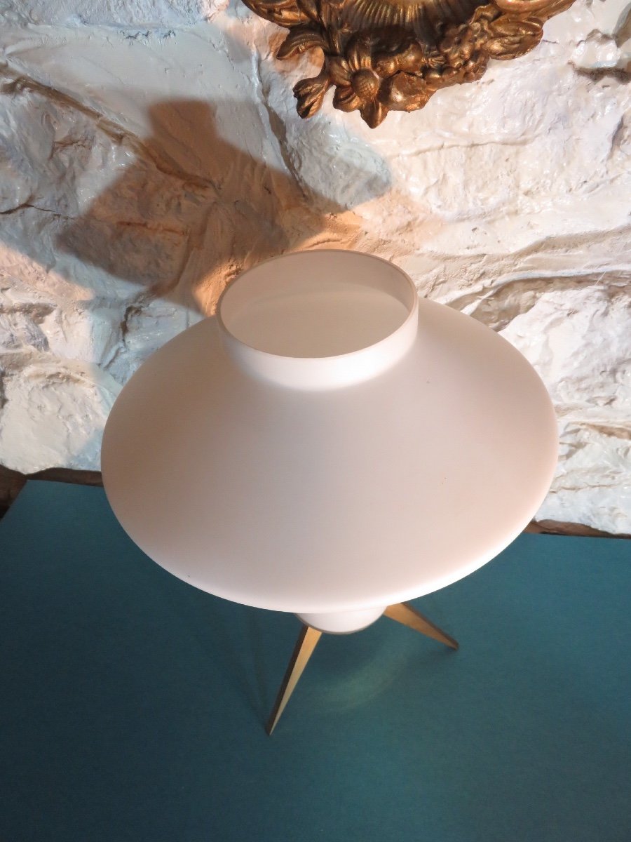 White Opaline Lamp, Brass Tripod Base, From The 1970s-photo-1