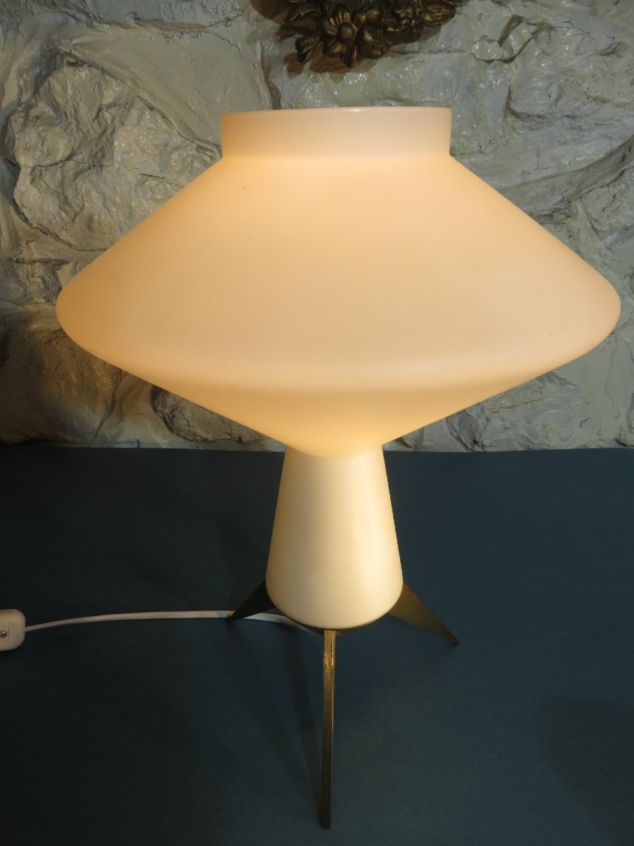 White Opaline Lamp, Brass Tripod Base, From The 1970s-photo-2