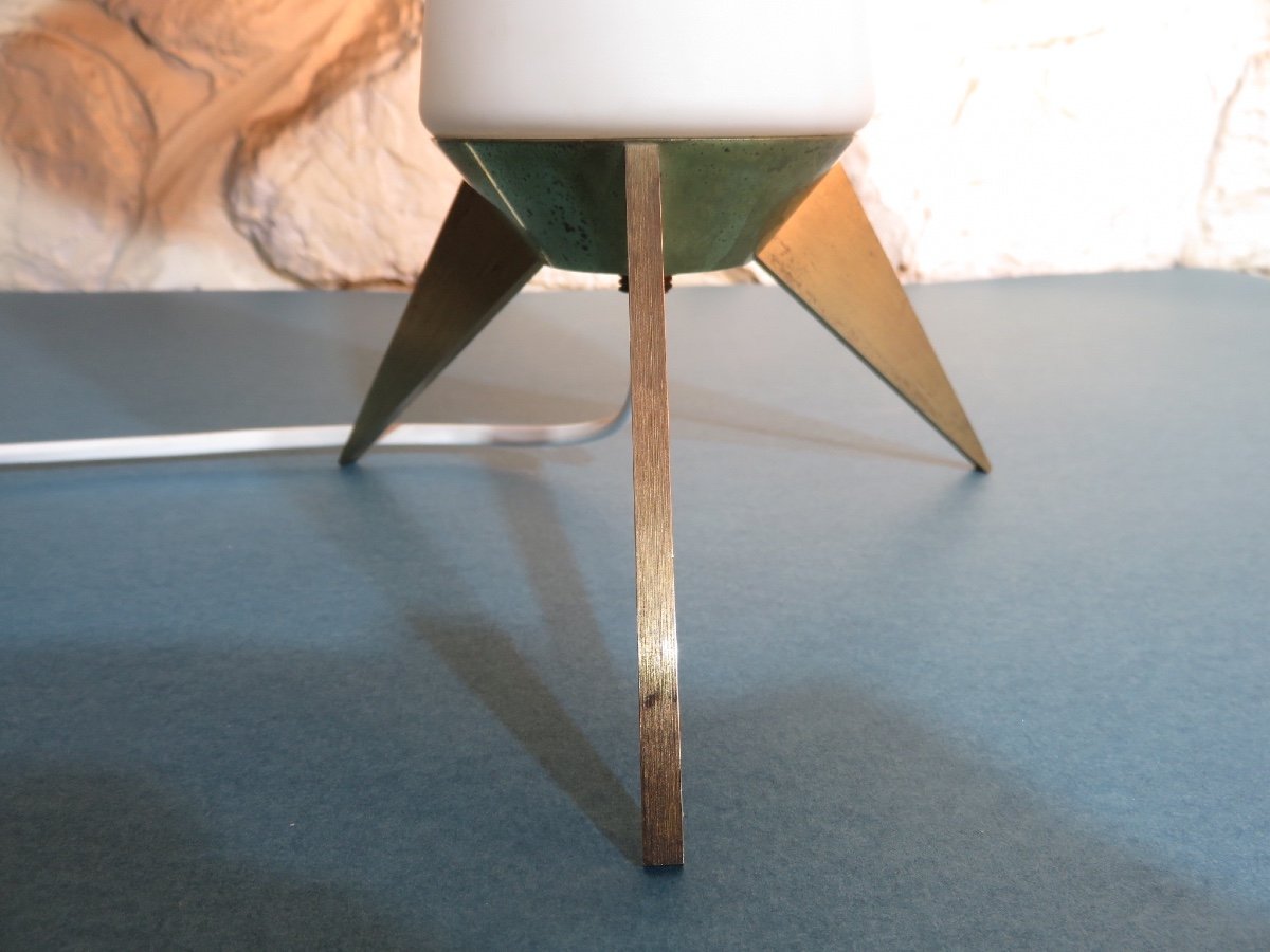 White Opaline Lamp, Brass Tripod Base, From The 1970s-photo-3