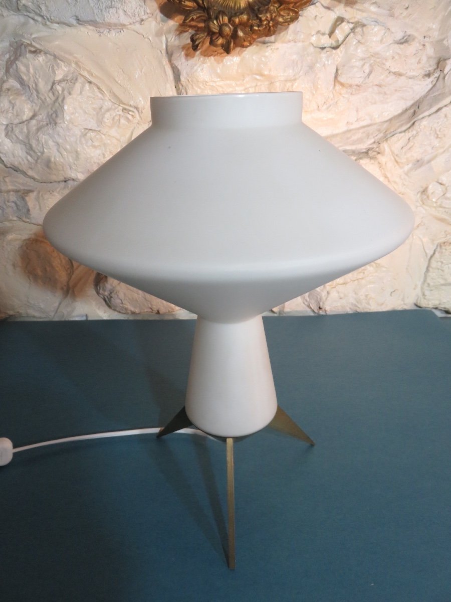 White Opaline Lamp, Brass Tripod Base, From The 1970s-photo-4