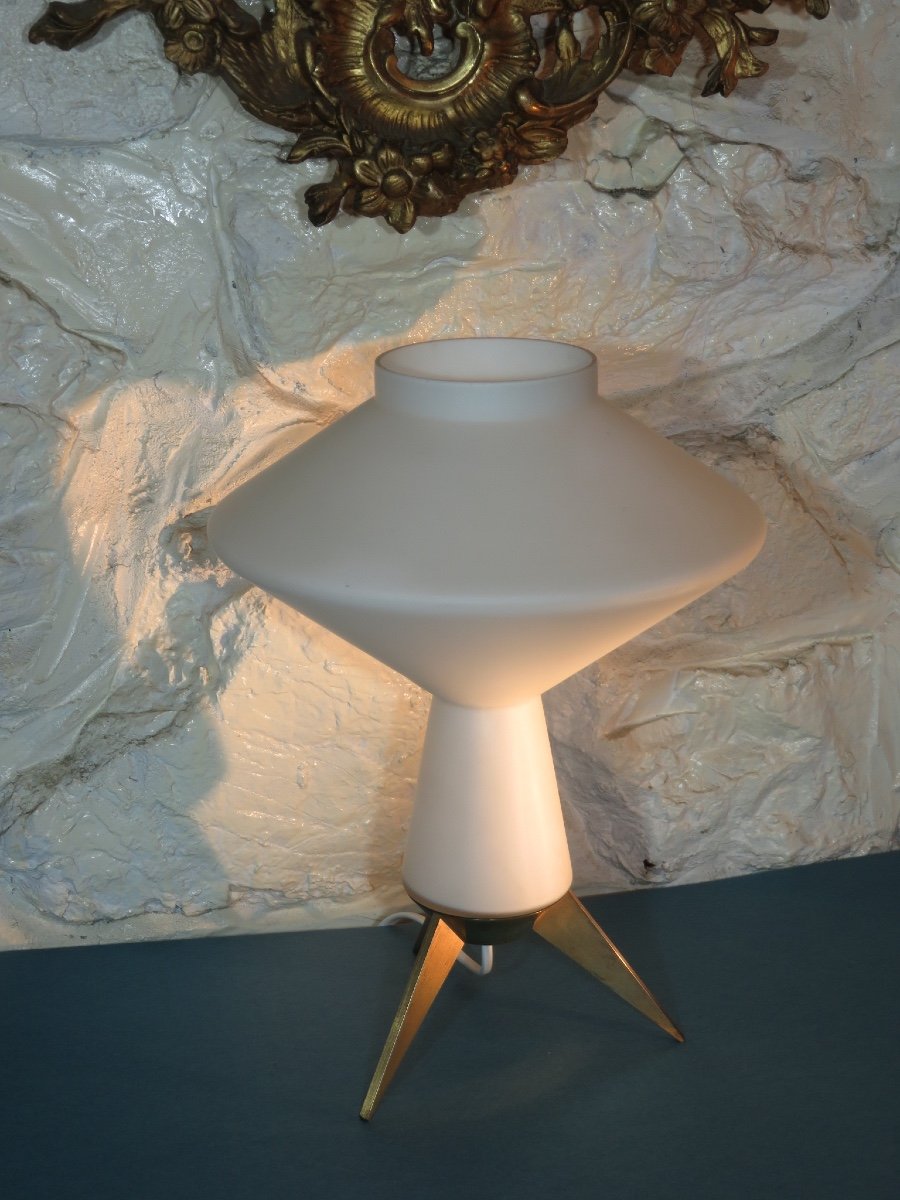 White Opaline Lamp, Brass Tripod Base, From The 1970s