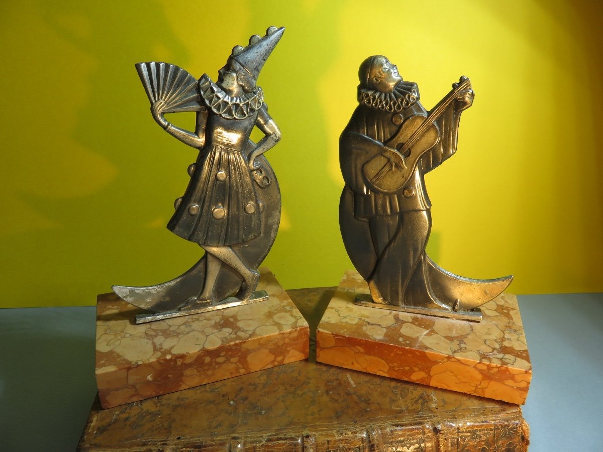 Pair Of Bookends "pierrot And Colombine" Sitting On A Crescent Moon, Marble Base-photo-4