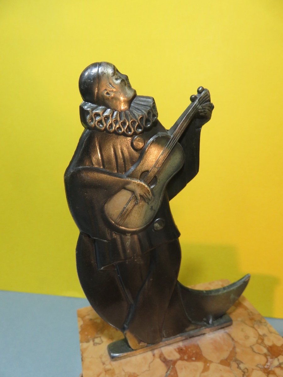 Pair Of Bookends "pierrot And Colombine" Sitting On A Crescent Moon, Marble Base-photo-4