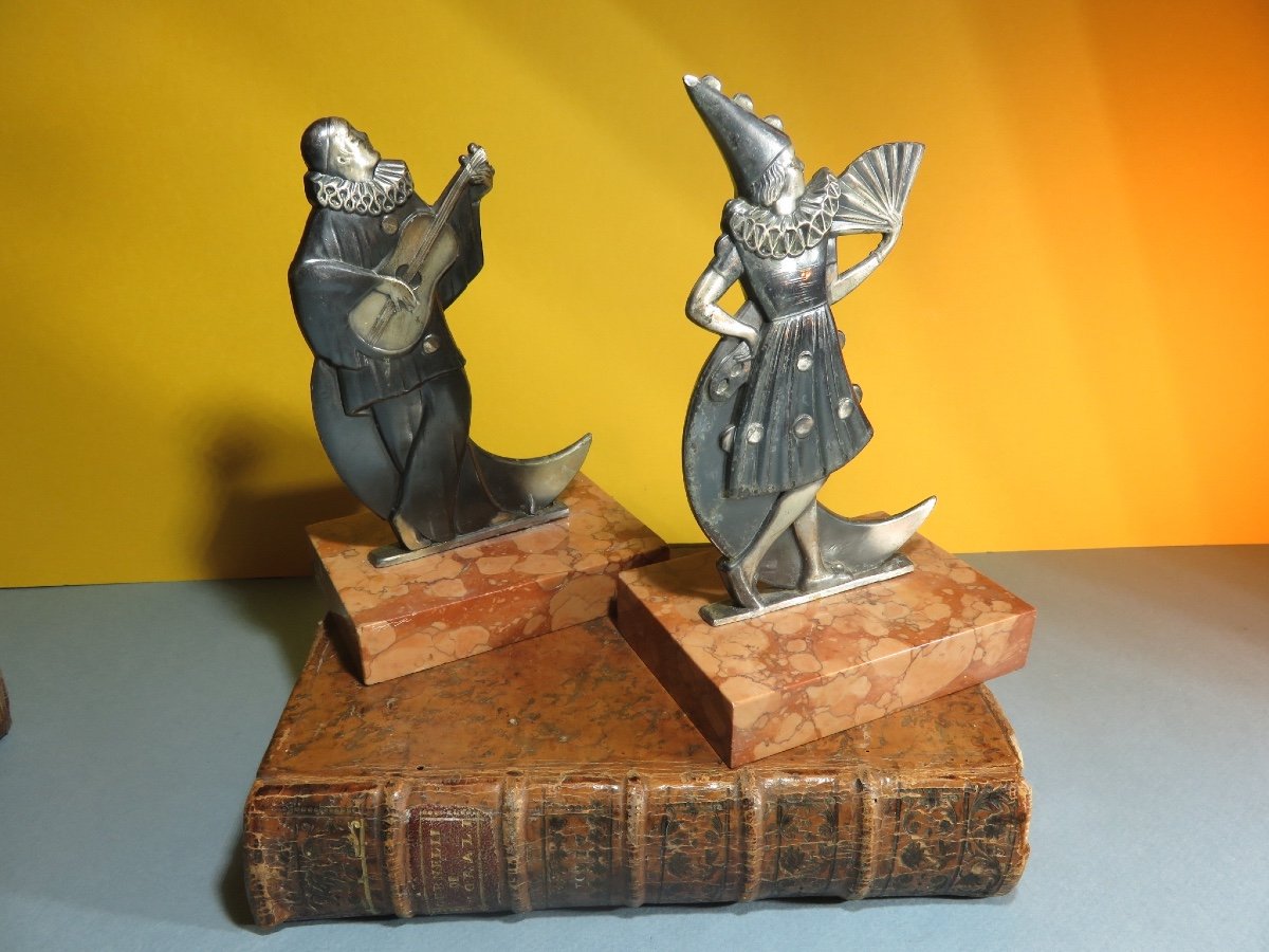 Pair Of Bookends "pierrot And Colombine" Sitting On A Crescent Moon, Marble Base-photo-5