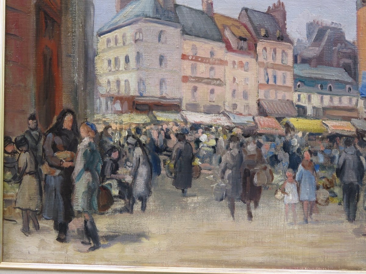 Charles Naillod (1876-1941) Market Place Dalton In Boulogne Sur Mer, Oil On Canvas 20th Century-photo-1