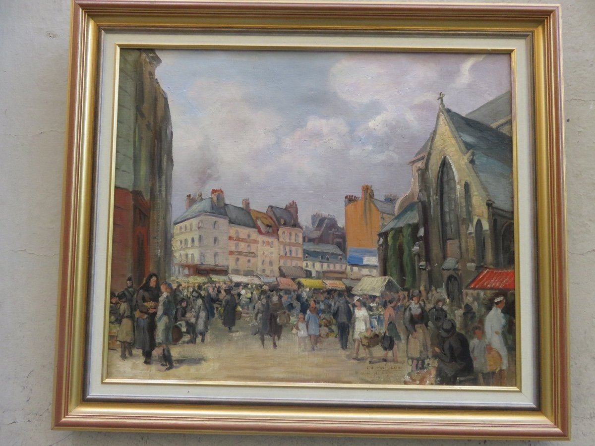 Charles Naillod (1876-1941) Market Place Dalton In Boulogne Sur Mer, Oil On Canvas 20th Century