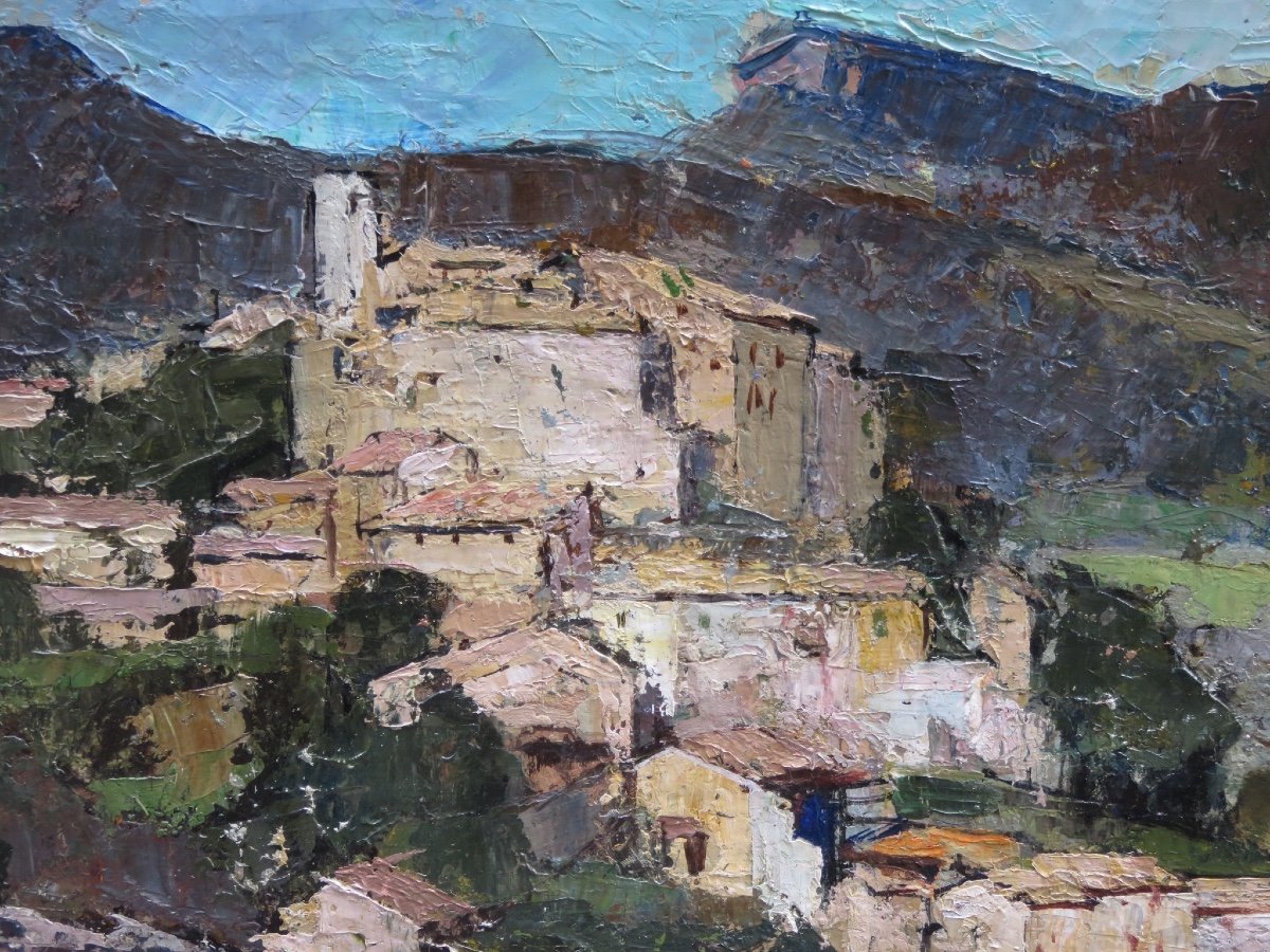 Oil On Canvas The Village Of Faucon In Vaucluse And Mont Ventoux Signed Rfj Destruel-photo-2