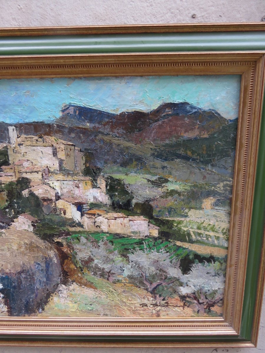 Huile sur toile le village de Faucon dans le Vaucluse et le Mont Ventoux signé  R.F.J. Destruel-photo-3