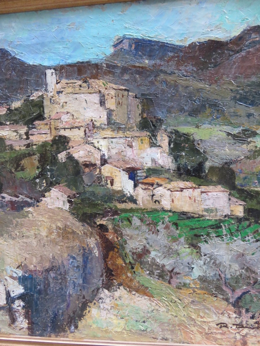 Oil On Canvas The Village Of Faucon In Vaucluse And Mont Ventoux Signed Rfj Destruel-photo-1