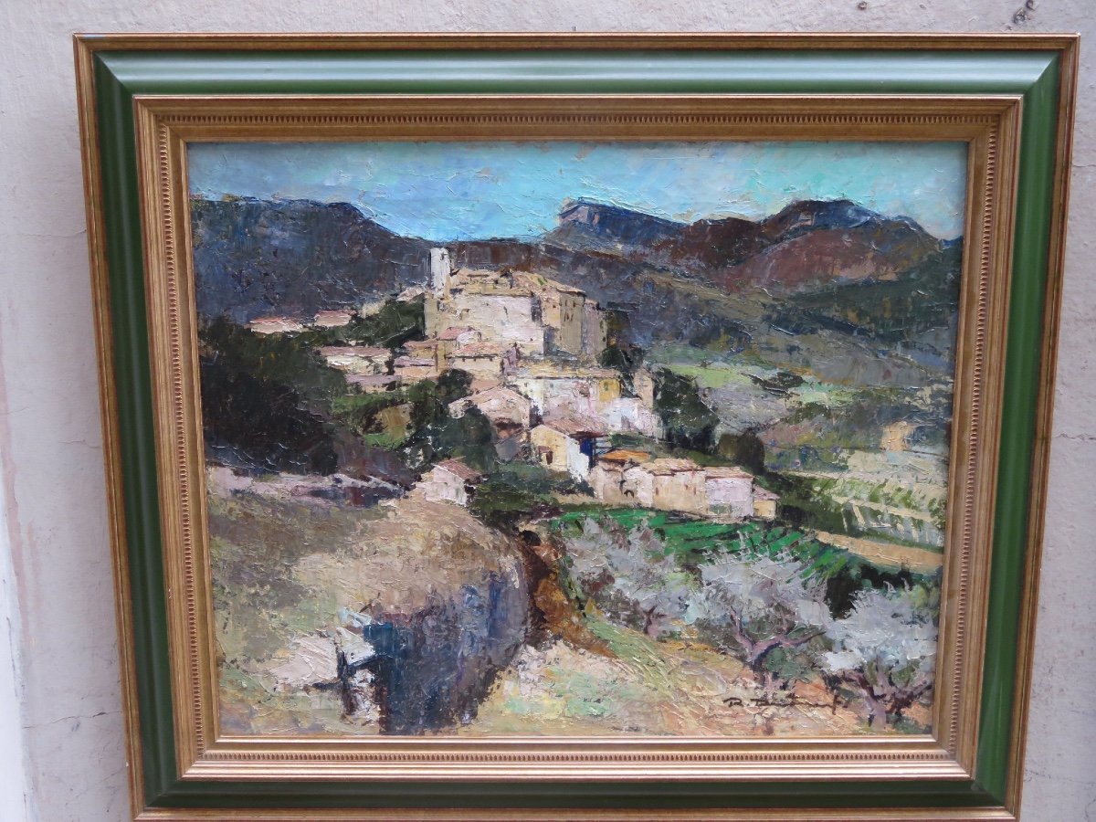 Huile sur toile le village de Faucon dans le Vaucluse et le Mont Ventoux signé  R.F.J. Destruel-photo-2