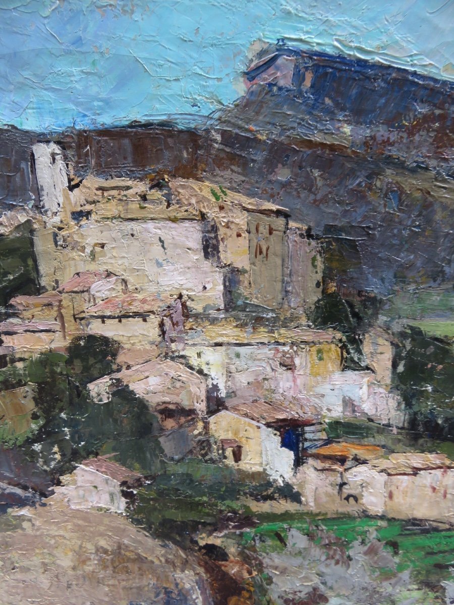 Huile sur toile le village de Faucon dans le Vaucluse et le Mont Ventoux signé  R.F.J. Destruel-photo-3