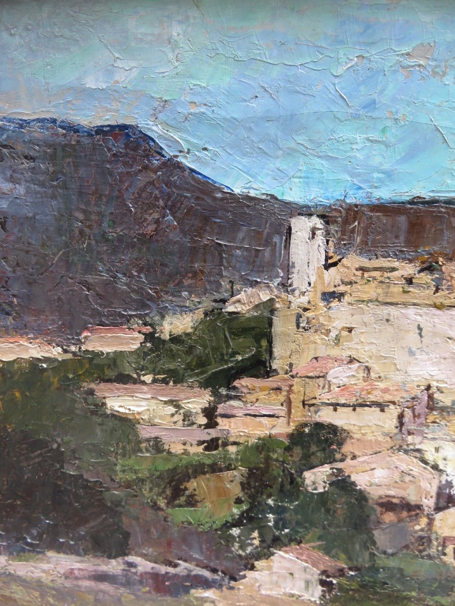 Oil On Canvas The Village Of Faucon In Vaucluse And Mont Ventoux Signed Rfj Destruel-photo-4