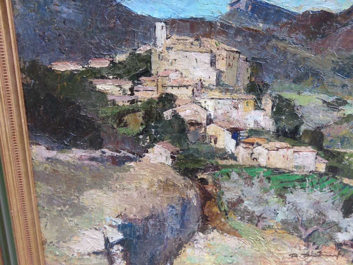 Huile sur toile le village de Faucon dans le Vaucluse et le Mont Ventoux signé  R.F.J. Destruel-photo-6