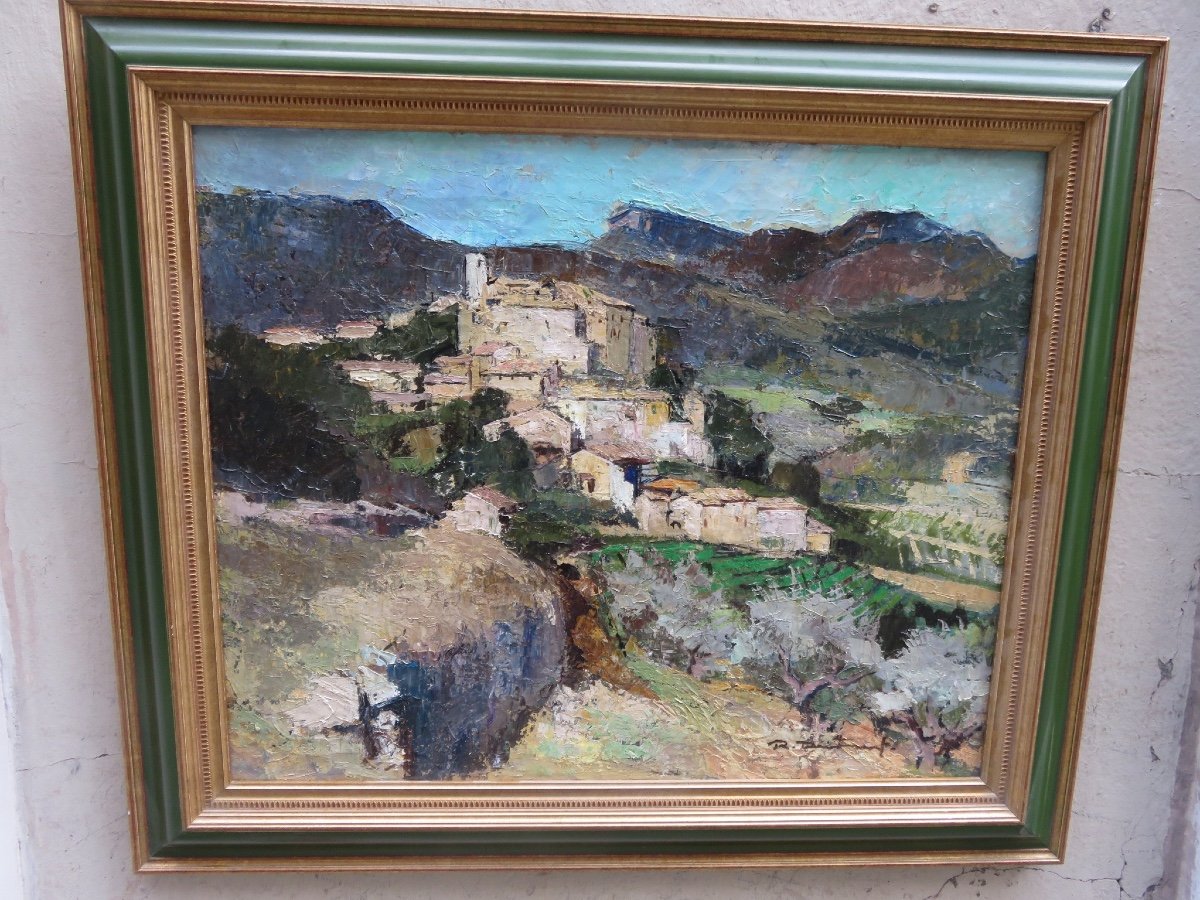 Huile sur toile le village de Faucon dans le Vaucluse et le Mont Ventoux signé  R.F.J. Destruel-photo-8