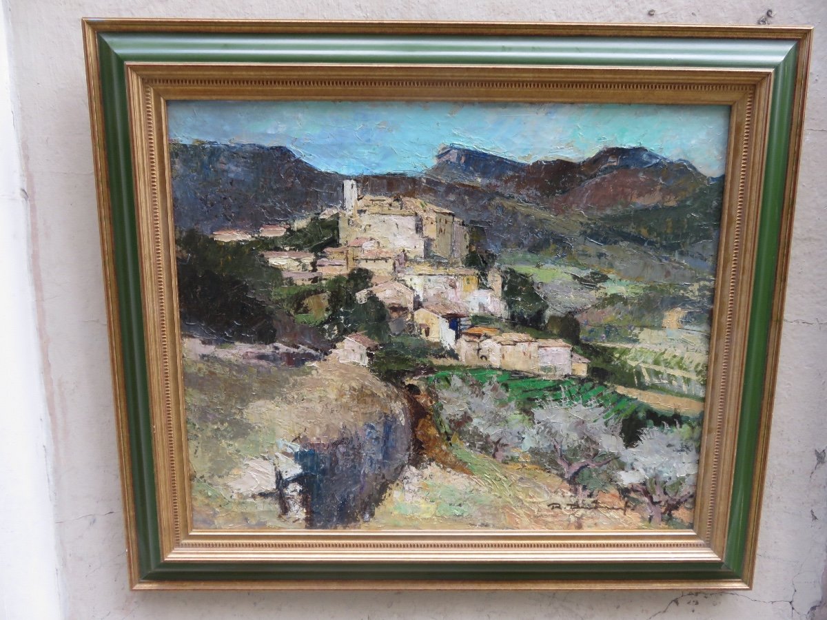 Huile sur toile le village de Faucon dans le Vaucluse et le Mont Ventoux signé  R.F.J. Destruel