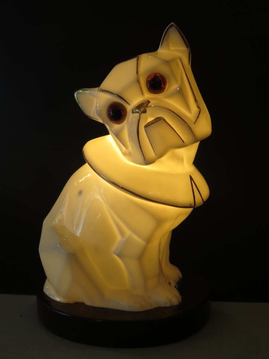 White And Gold Porcelain Bulldog Night Light From The Art Deco Period -photo-2