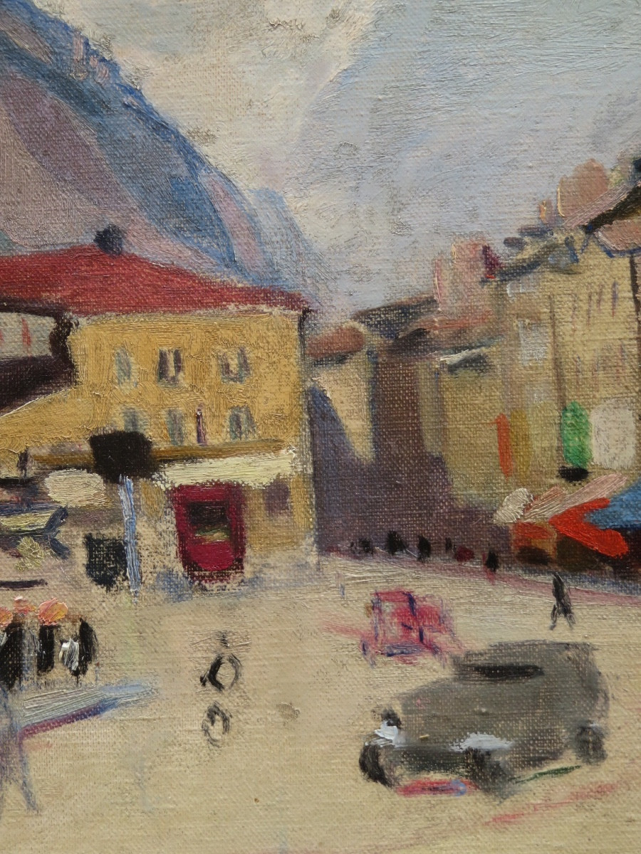 René Ruby (1908-1983): Place Grenette In Grenoble, Oil On Canvas Signed -photo-2