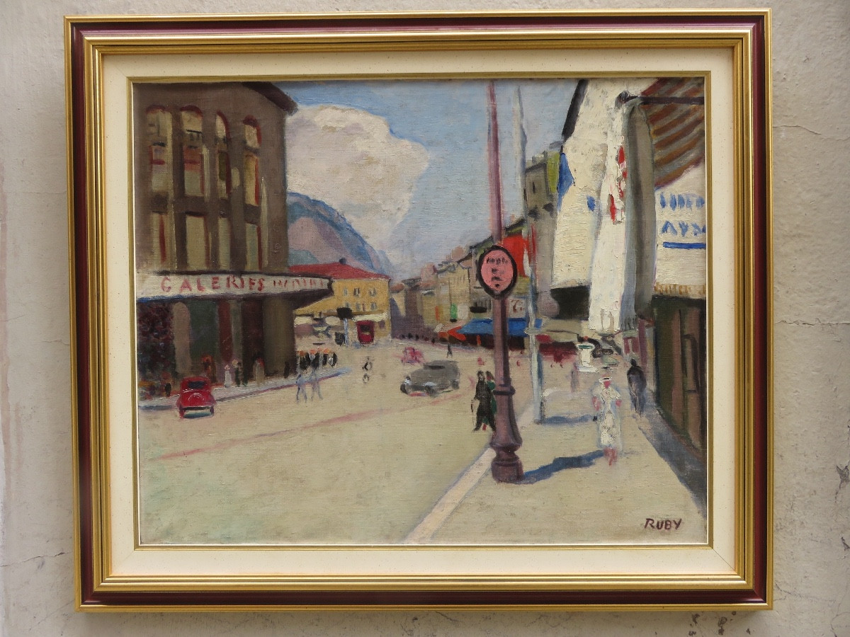 René Ruby ( 1908- 1983) : Place Grenette à Grenoble  , Huile Sur Toile Signée 