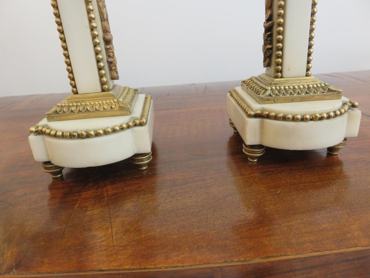 Pair Of Candlesticks, Candlesticks Louis XVI Style, Marble And Bronze, Nineteenth-photo-3