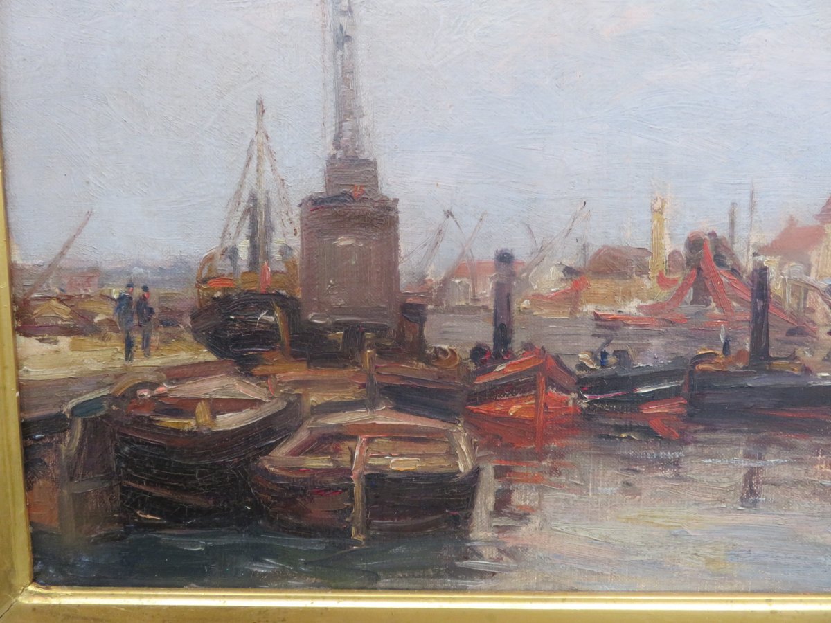 Marine :  Le Port De Dunkerque  Huile Sur Toile Signée Jules Ribeaucourt (1866 - 1932 )-photo-2