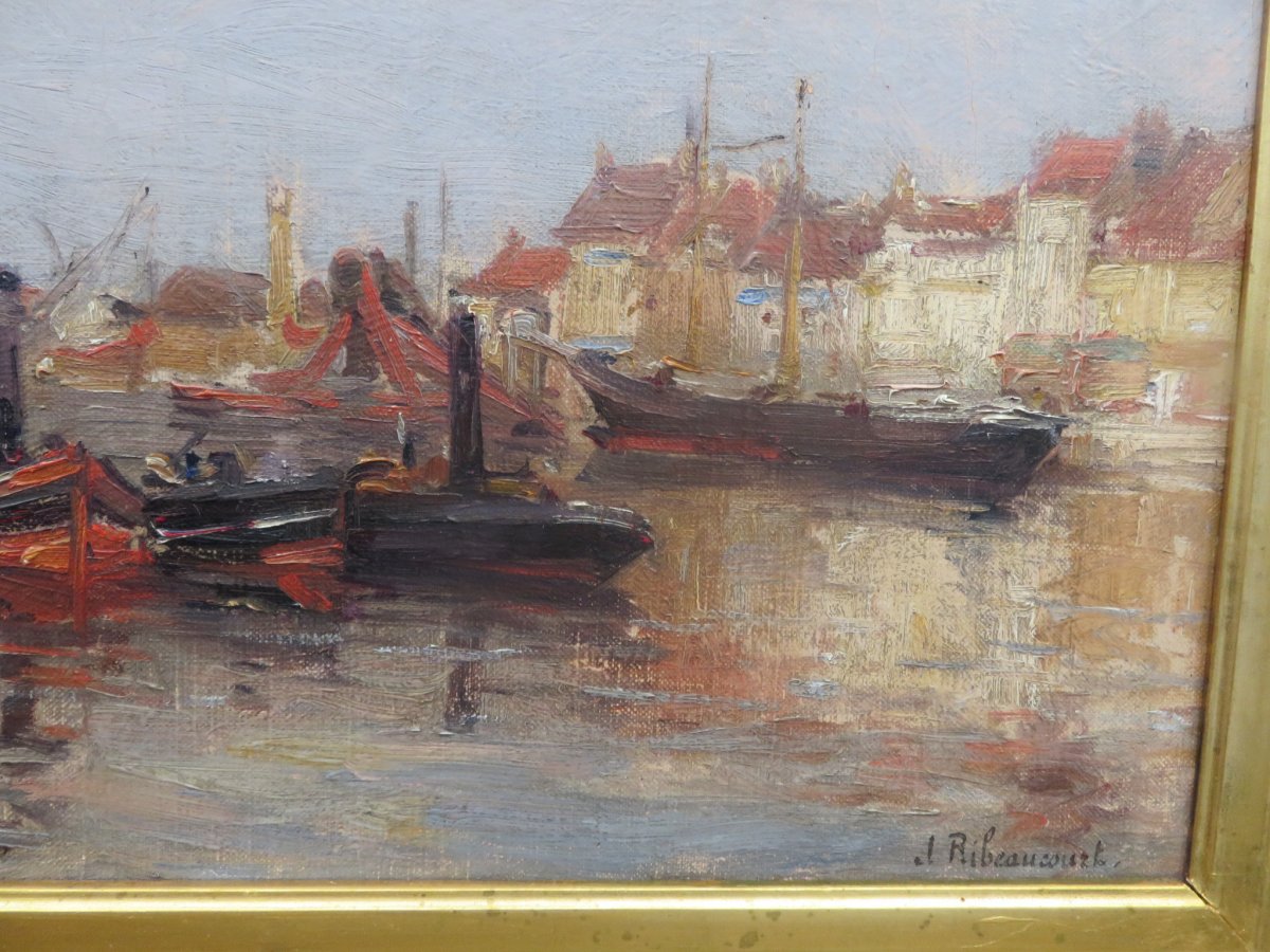 Marine :  Le Port De Dunkerque  Huile Sur Toile Signée Jules Ribeaucourt (1866 - 1932 )-photo-3