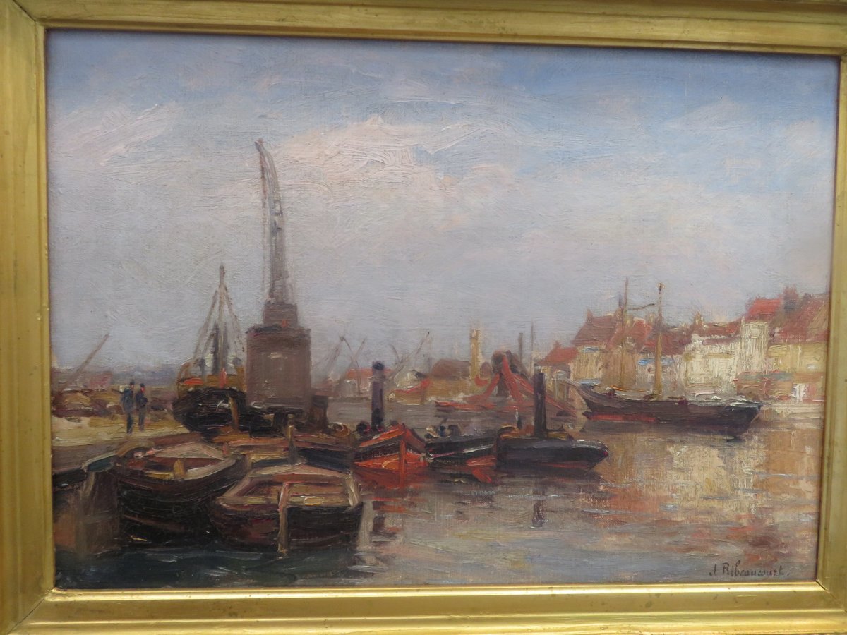 Marine :  Le Port De Dunkerque  Huile Sur Toile Signée Jules Ribeaucourt (1866 - 1932 )-photo-4