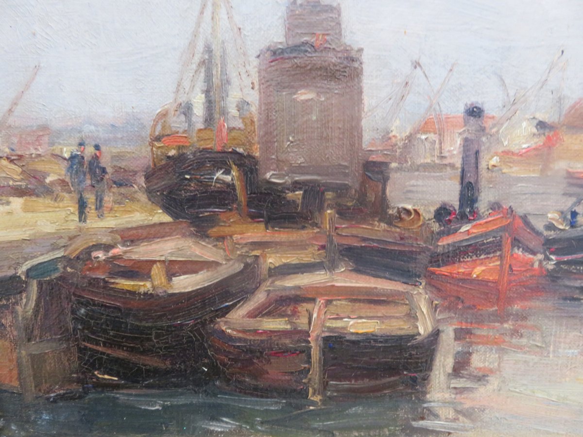 Marine :  Le Port De Dunkerque  Huile Sur Toile Signée Jules Ribeaucourt (1866 - 1932 )-photo-1