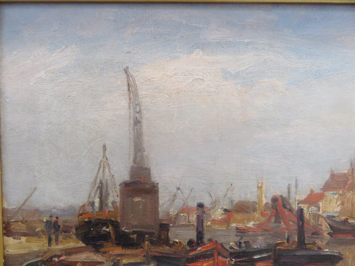 Marine :  Le Port De Dunkerque  Huile Sur Toile Signée Jules Ribeaucourt (1866 - 1932 )-photo-2