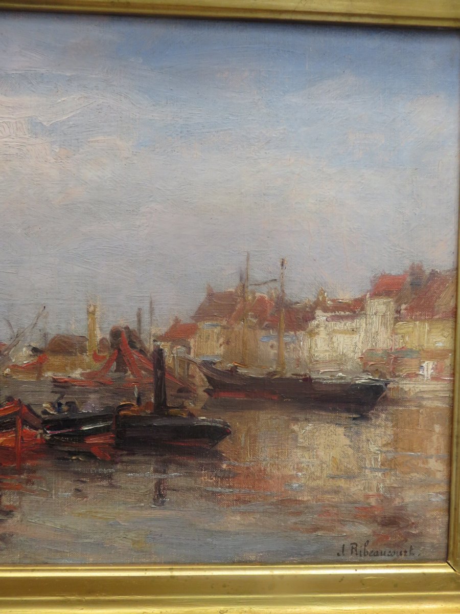 Marine :  Le Port De Dunkerque  Huile Sur Toile Signée Jules Ribeaucourt (1866 - 1932 )-photo-3