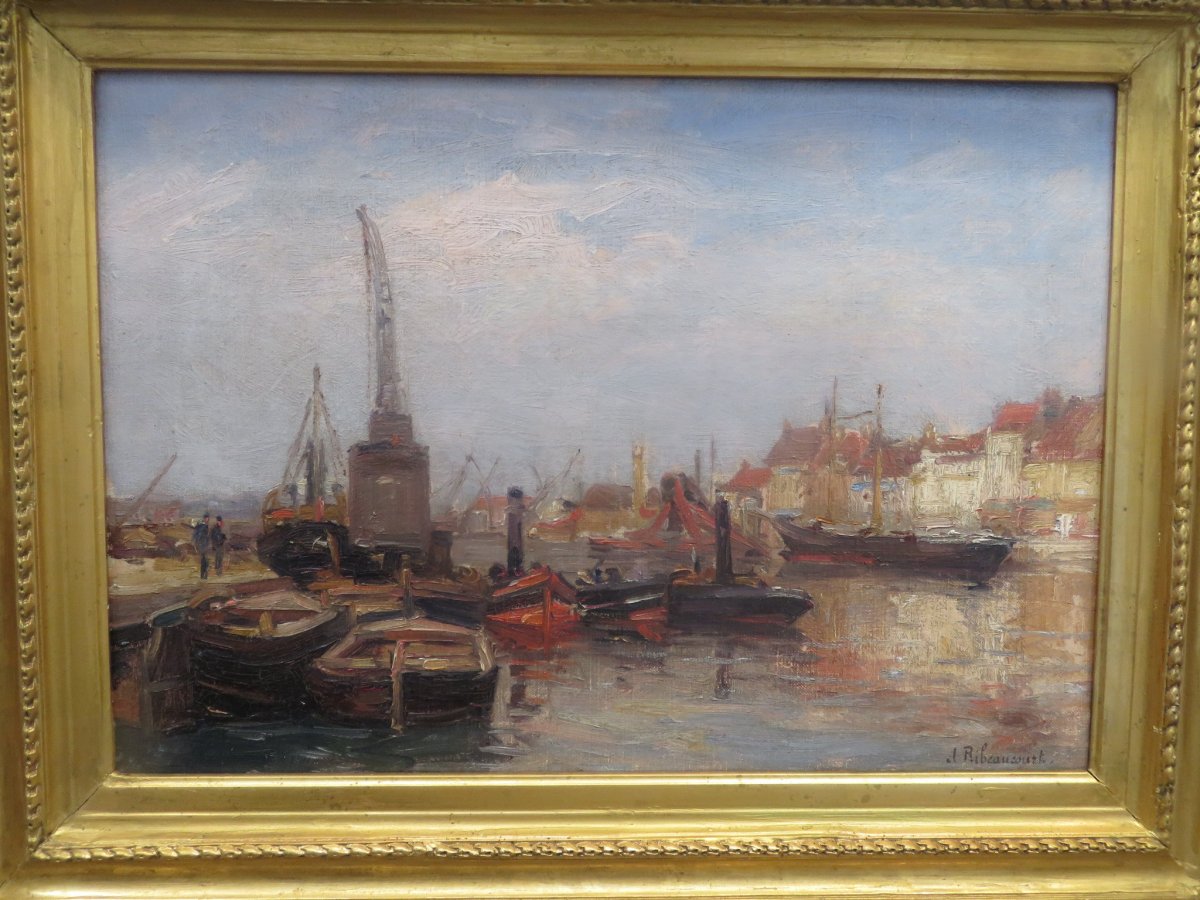 Marine :  Le Port De Dunkerque  Huile Sur Toile Signée Jules Ribeaucourt (1866 - 1932 )-photo-5