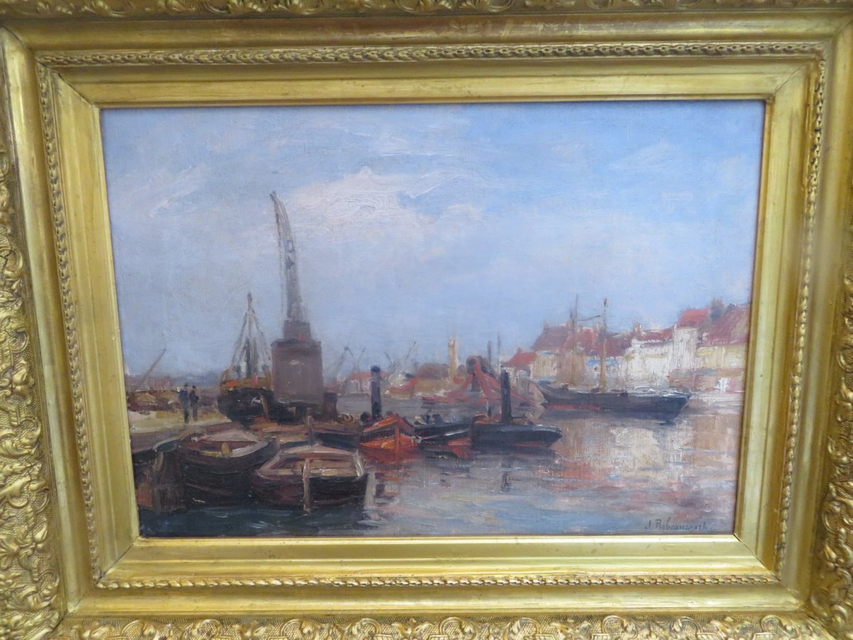 Marine :  Le Port De Dunkerque  Huile Sur Toile Signée Jules Ribeaucourt (1866 - 1932 )-photo-7