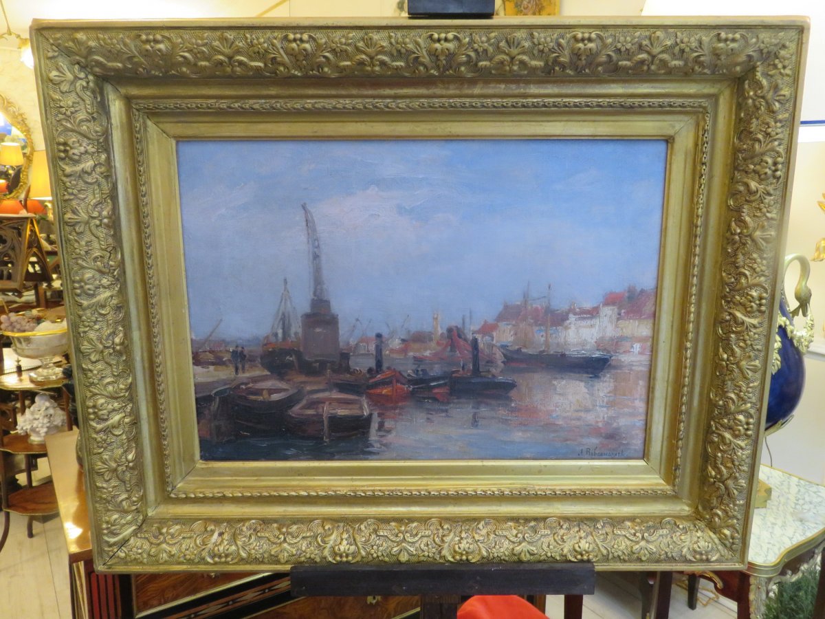 Marine :  Le Port De Dunkerque  Huile Sur Toile Signée Jules Ribeaucourt (1866 - 1932 )-photo-8