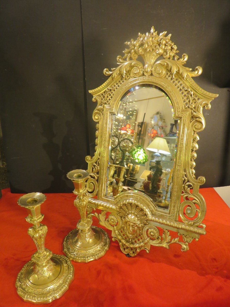 Miroir Psyché  ( Ht :60 Cm ) En Bronze Doré , Miroir Au Mercure Biseauté époque Napoléon III-photo-6