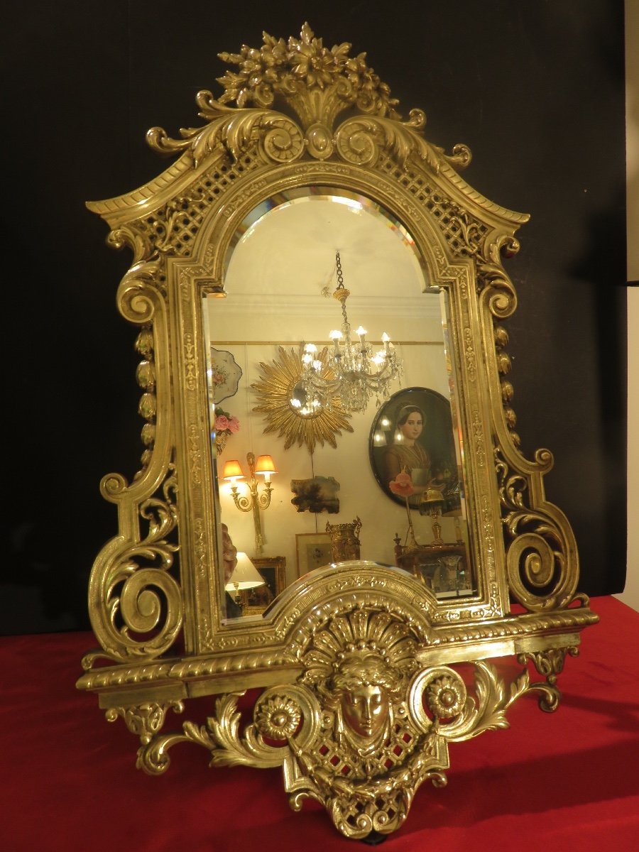 Miroir Psyché  ( Ht :60 Cm ) En Bronze Doré , Miroir Au Mercure Biseauté époque Napoléon III