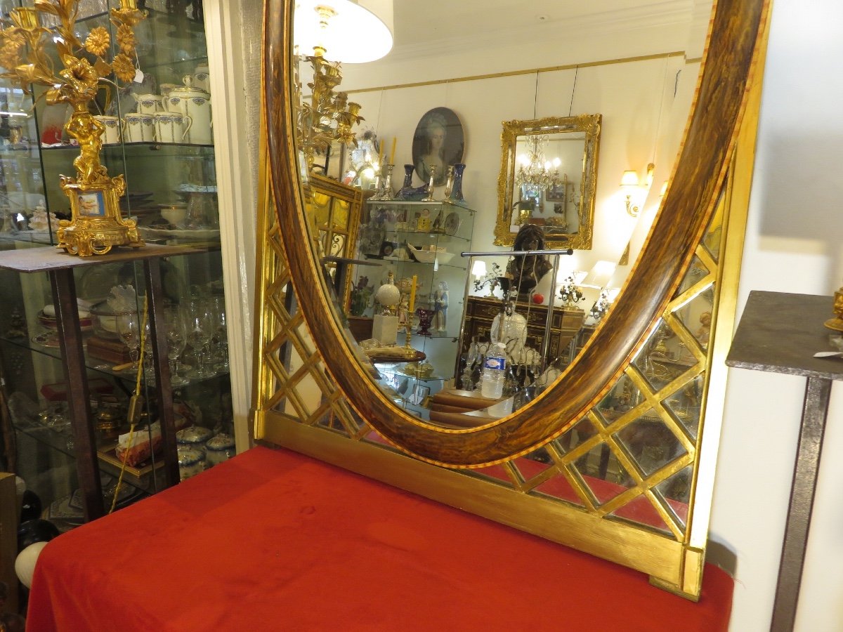 Grand miroir d'époque Art Déco en bois doré travaillé en croisillons et en trompe l'oeil-photo-2