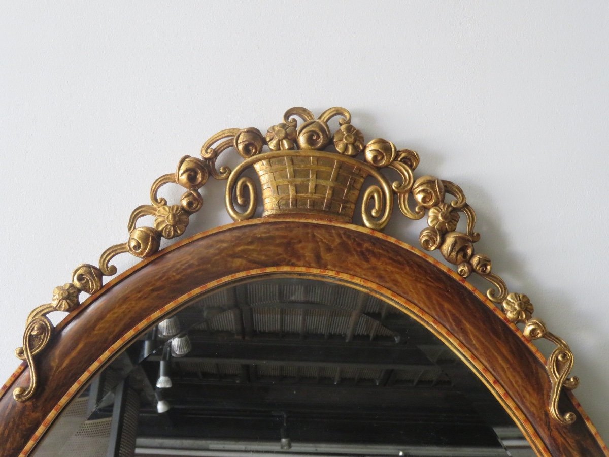 Grand miroir d'époque Art Déco en bois doré travaillé en croisillons et en trompe l'oeil-photo-6
