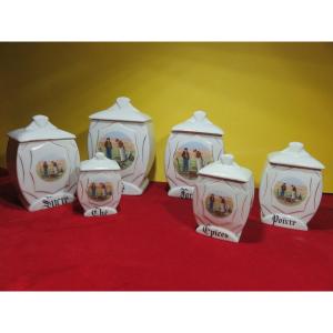 Set Of Six Art Deco Style Porcelain Spice Jars Decorated With The Angelus By Millet 