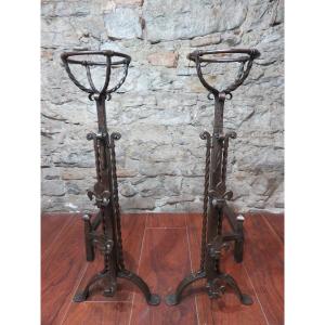 Pair Of Wrought Iron Landiers Or Rigodets With Three Hooks, Fleur-de-lys Decoration, 19th Century 