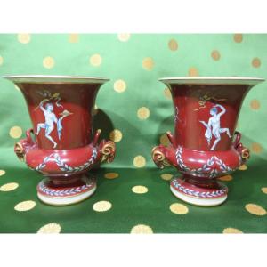 Pair Of Medici-shaped Porcelain Vases With Double Decoration In The Neo-classical 20th Century Style