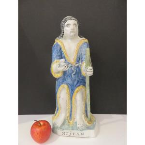 Saint John Religious Statue In Polychrome Earthenware From Nevers: Great Saint Of Devotion XVIII