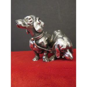 Two Britannia Metal Dachshunds Signed "wmfb Ox" From The Metalwarren Fabrik Art Deco Period