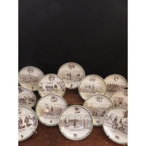 Series Of Twelve Talking Plates "military Life" In Fine Earthenware From Choisy Le Roi XIX 