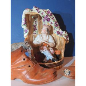 "the Cobbler" Polychrome Earthenware Subject From Lorraine Niderviller? 19th Century